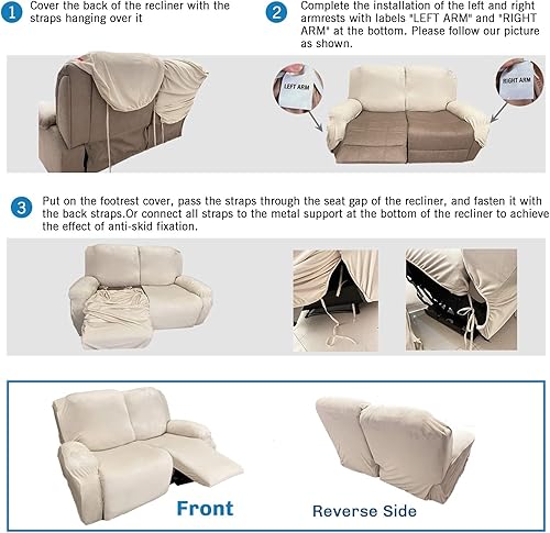 Miniatura 7 de MAXIJIN Funda para sofá biplaza reclinable, 6 piezas de terciopelo elástico para sofá reclinable de 2 plazas, gruesa, suave, lavable (sofá biplaza