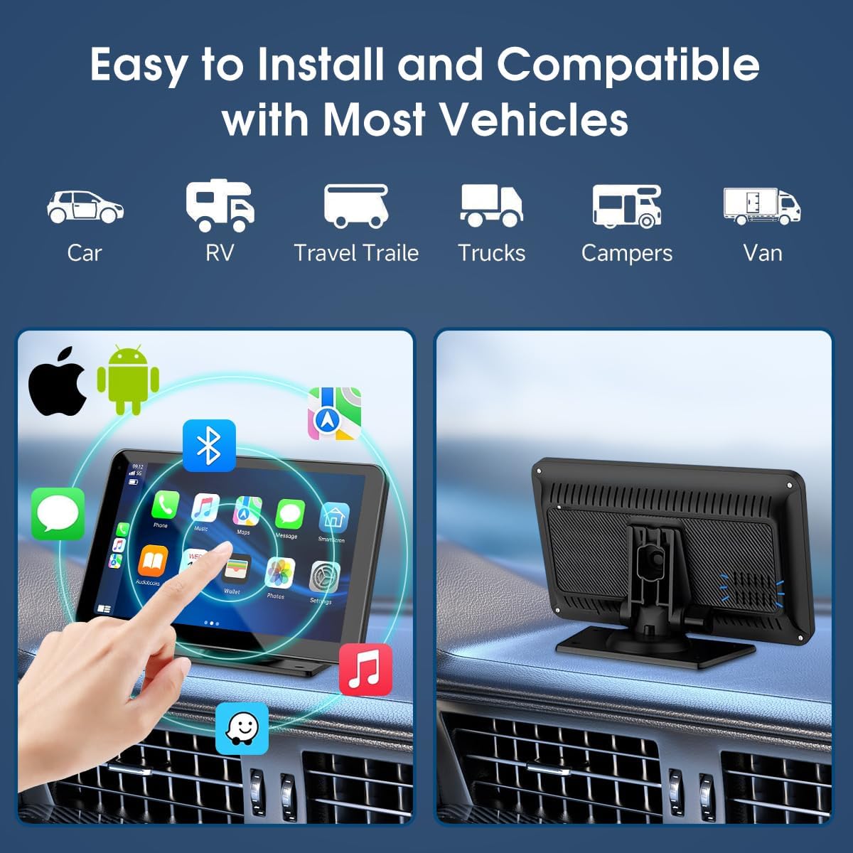 Portable Apple Carplay Screen: 7" HD Touchscreen Wireless Android Auto Display with Backup Camera, Mirror Link, Bluetooth, Voice Control & GPS Navigation, Plug & Play for All Vehicles