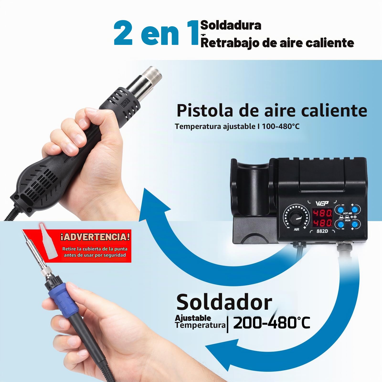 WEP 882D Estación de soldadura de aire caliente SMD 2-en-1 con 2 carrede de alambre de soldadura, 3 toberas de aire caliente, limpide lana de lat, pinzas, bomba Desoldering (EU Plug)