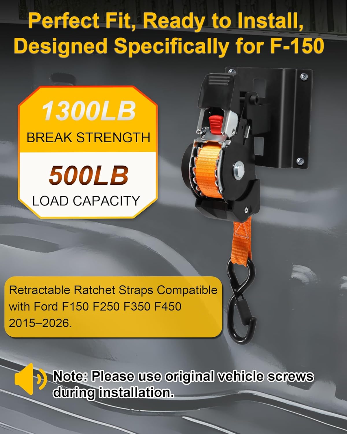 Dual-Pivot Retractable Truck Bed Ratchet Straps for Ford F150, Compatible with 2015-2025 Ford F-150 F250 F350 F450 (2Pcs)