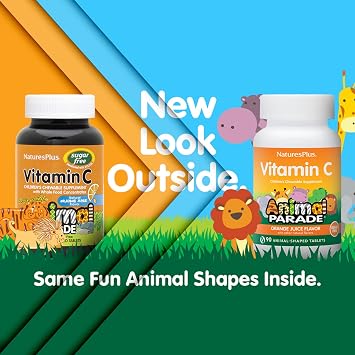 NaturesPlus Animal Parade Sugar-Free Children's Vitamin C, Natural Orange Juice Flavor - 90 Chewable Animal Shaped Tablets - Immune Support - Gluten Free - 45 Servings