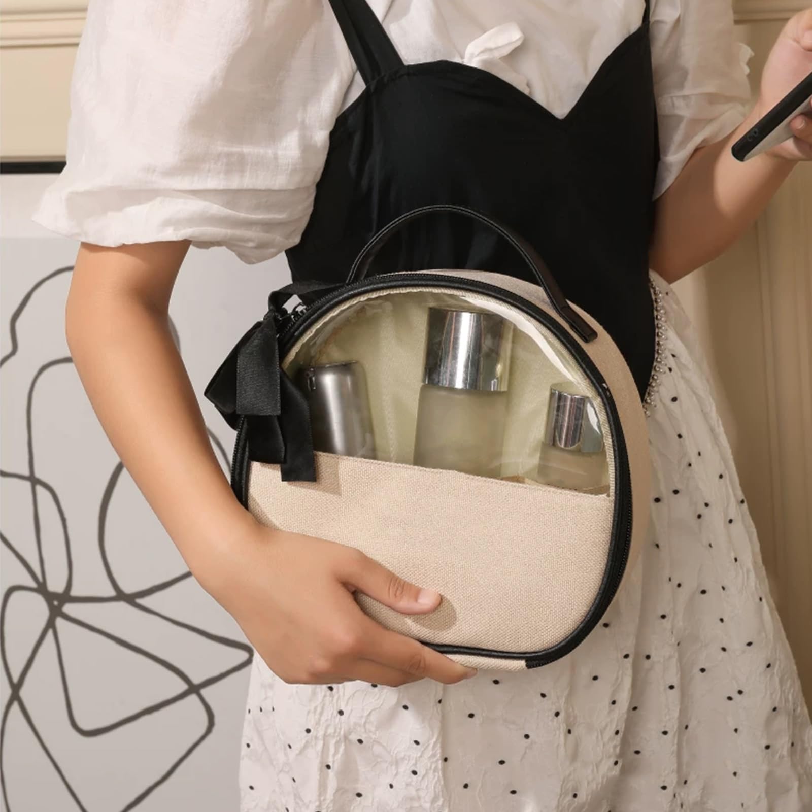 Borse da Valigia Trasparente, Beauty Case da Viaggio, Buste Trasparenti per Cosmetici Fiocco, Lusso Leggero Semplicità, Guscio Rigido 3D, Lavorazione Squisita, Benda Integrata(Black)