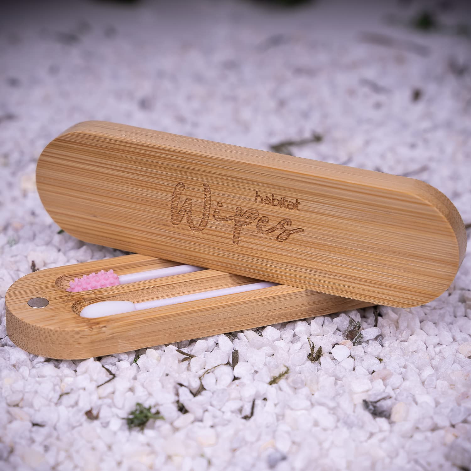Habitat Wipes - Cotton Fioc Riutilizzabili per orecchie e per make-up in Scatola di bambu - Materiale Ecologico in Silicone Reusable Biodegradabili Lavabili Eco-Friendly - Rosa e Bianco