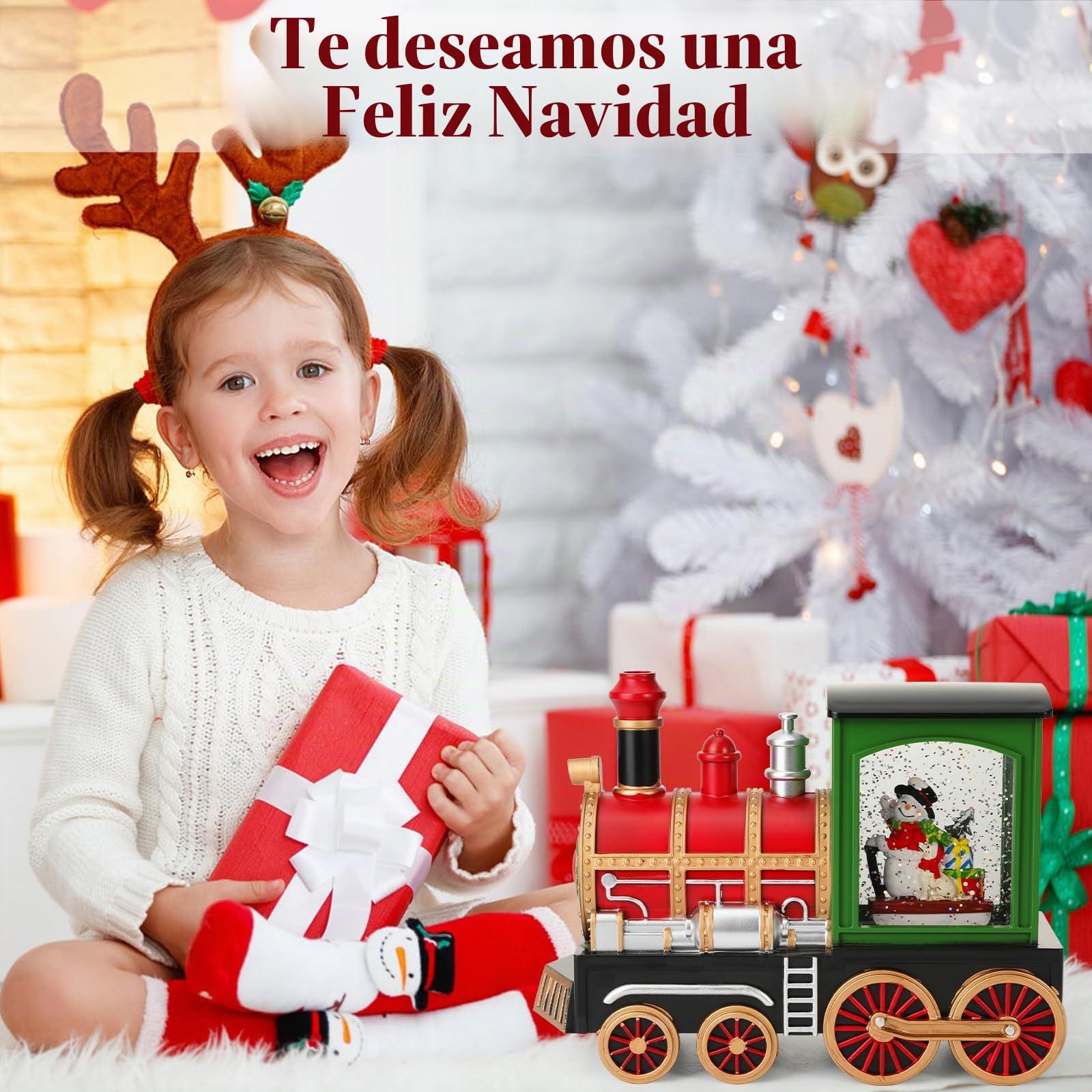 Lewondr Bola de Nieve Musical Navidad, Tren y Muñeco de Nieve Brillo Remolinoso Agua, Globo con Temporizador 6 Horas, Decoración para Navidad Hoildays Año Nuevo