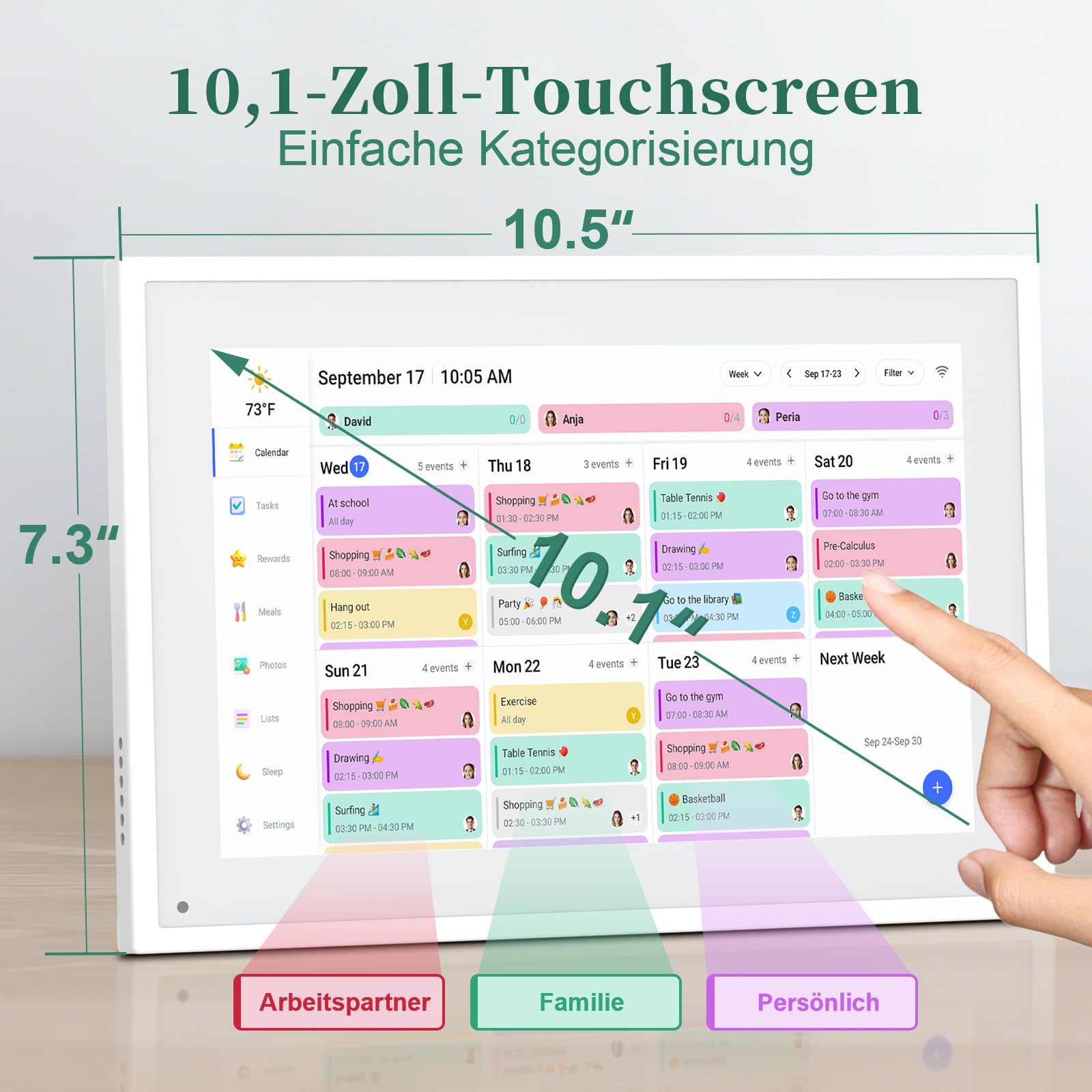 Digitaler Kalender, 10.1 Zoll Digitaler Wandkalender für Familien, Touchscreen Terminplaner mit App Synchronisation, Essensplaner und Belohnungssystem