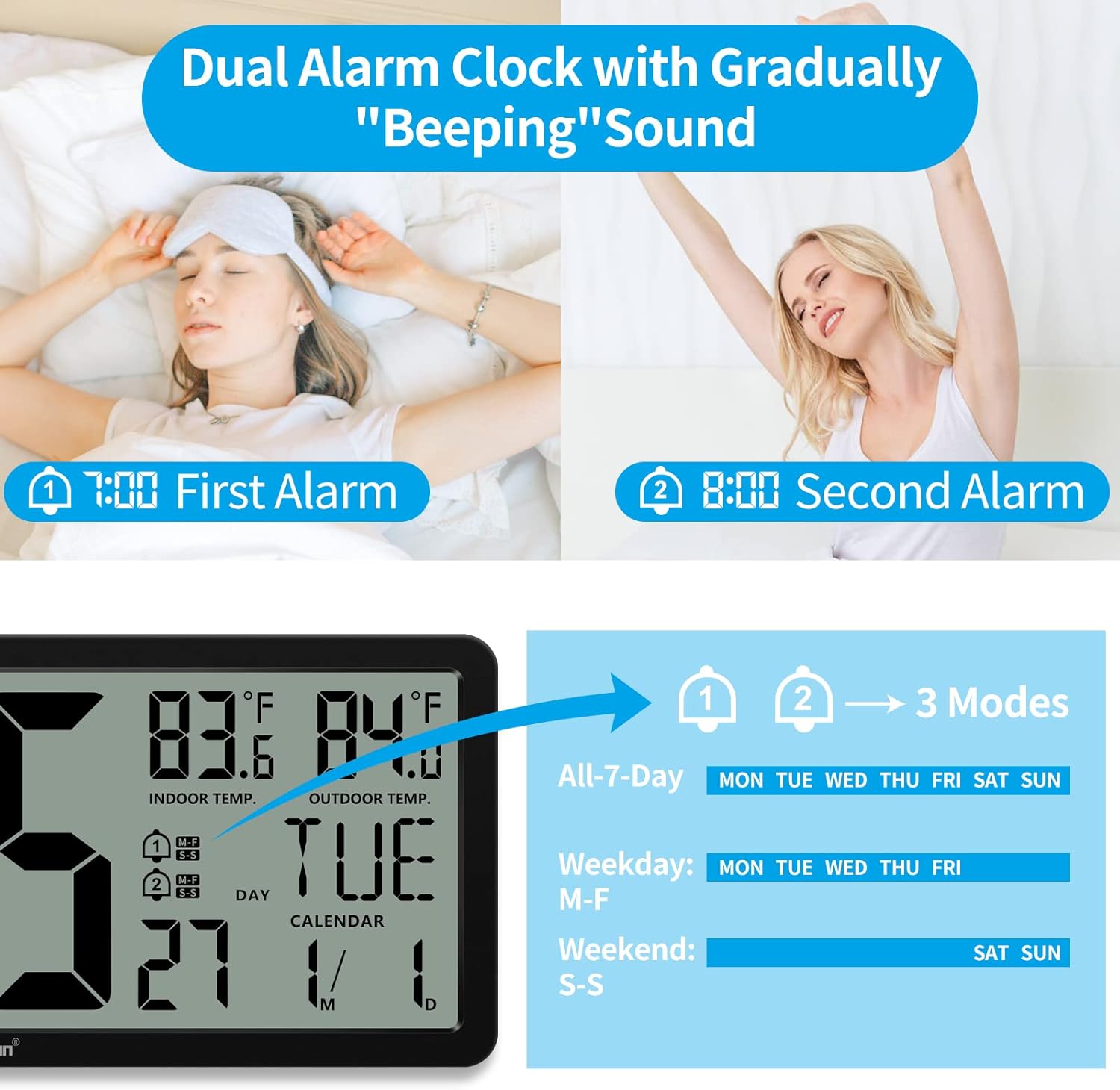 Geevon Atomic Clock,14.5"Large Digital Wall Clock Battery Operated with Dual Alarm Clock, Indoor Outdoor Temperature, 4.4"Jumbo Digits, Day and Date for Home Bedroom Office Elderly (1 Outdoor Sensor)