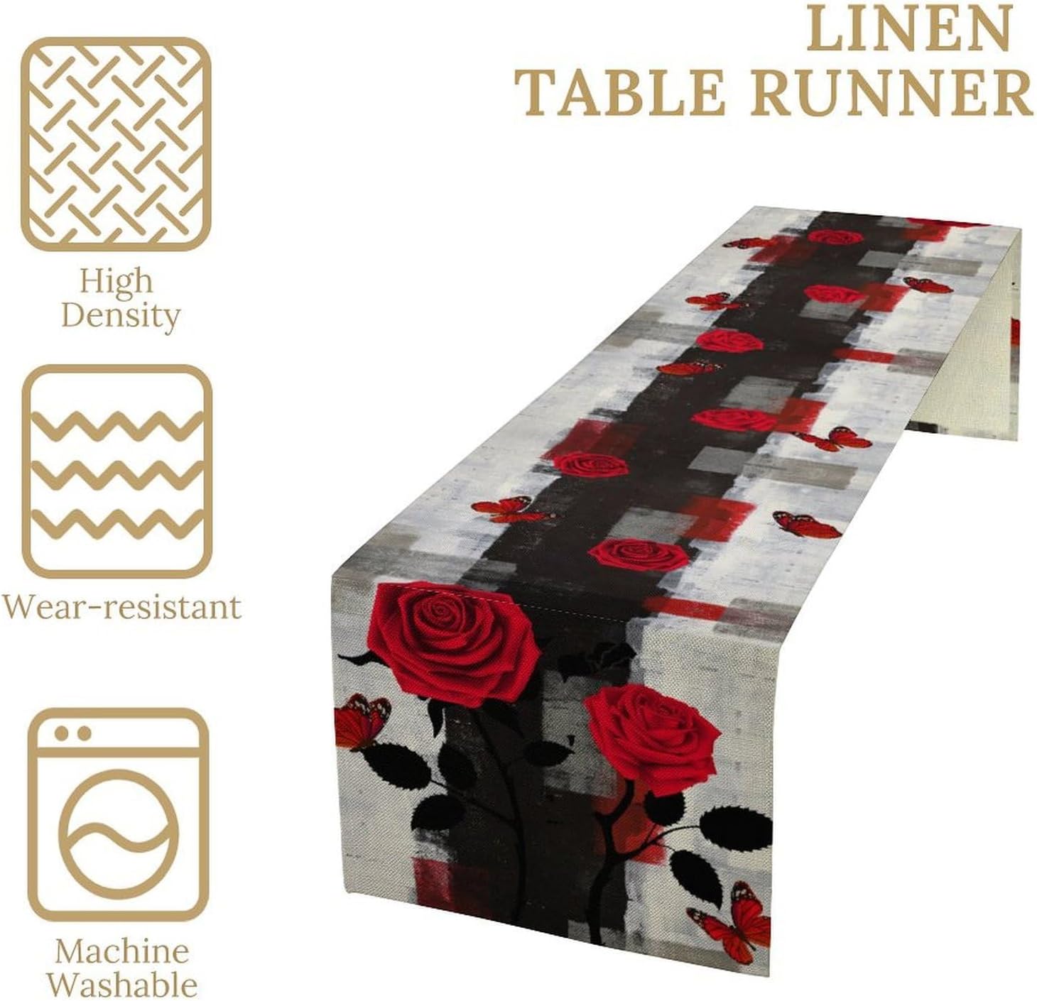 Red Rose Butterfly Table Runner, Abstract Modern Black Grey Red Rose Flowers Vintage Oil Painting Print Table Runner Decoration for Kitchen Dinner Table Holiday Party, 13x120inch