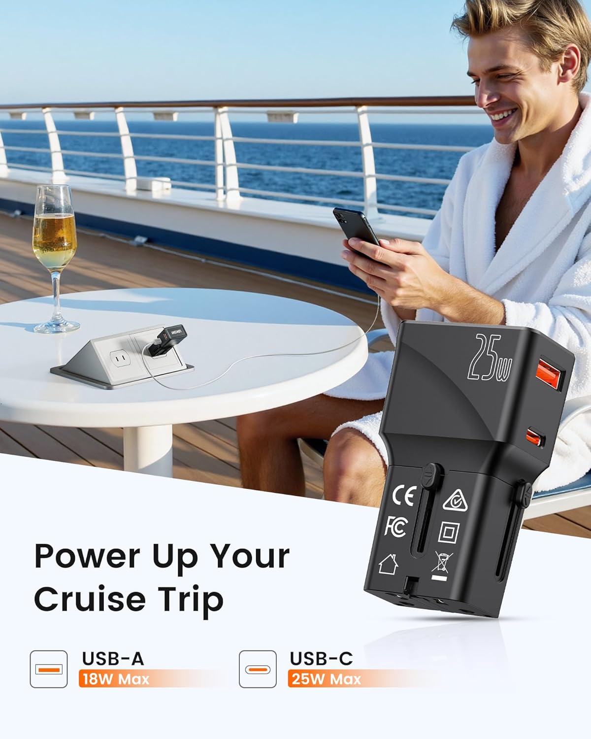Cruise Ship Essentials, Cruise Approved Adapter with PD 25W USB C Fast Charger Non Surge Protector No Outlets for Royal Caribbean Viking Carnival Princess Norwegian MSC & Major Lines in 2025 & 2026