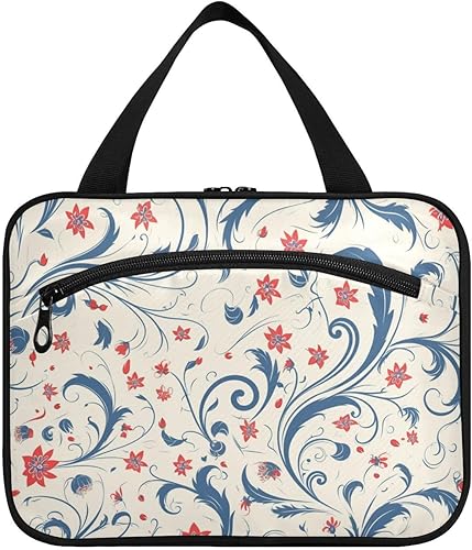Vintage Blue Leaves Red Flowers Pattern hanging travel toiletry bags for women with hook, designer necessities medicine bag for women traveling