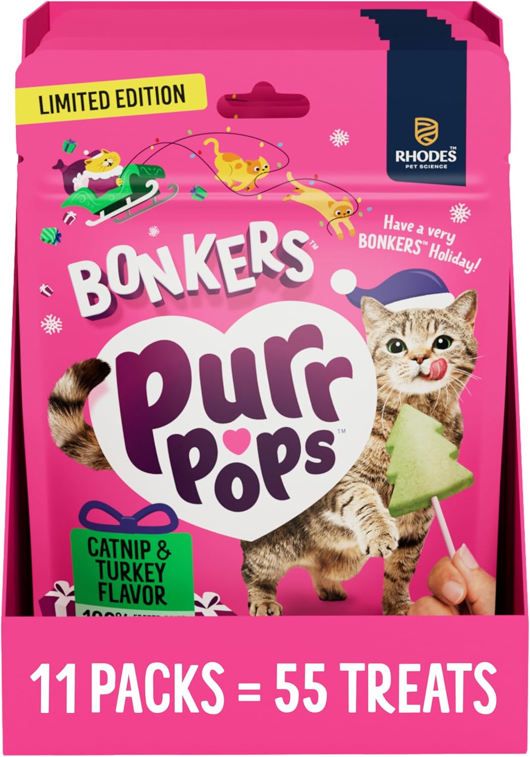 (BBD 01/02/27). Bonkers Purrpops Holiday Chicken Flavor Freeze-Dried Licks Cat Treats - 5pk