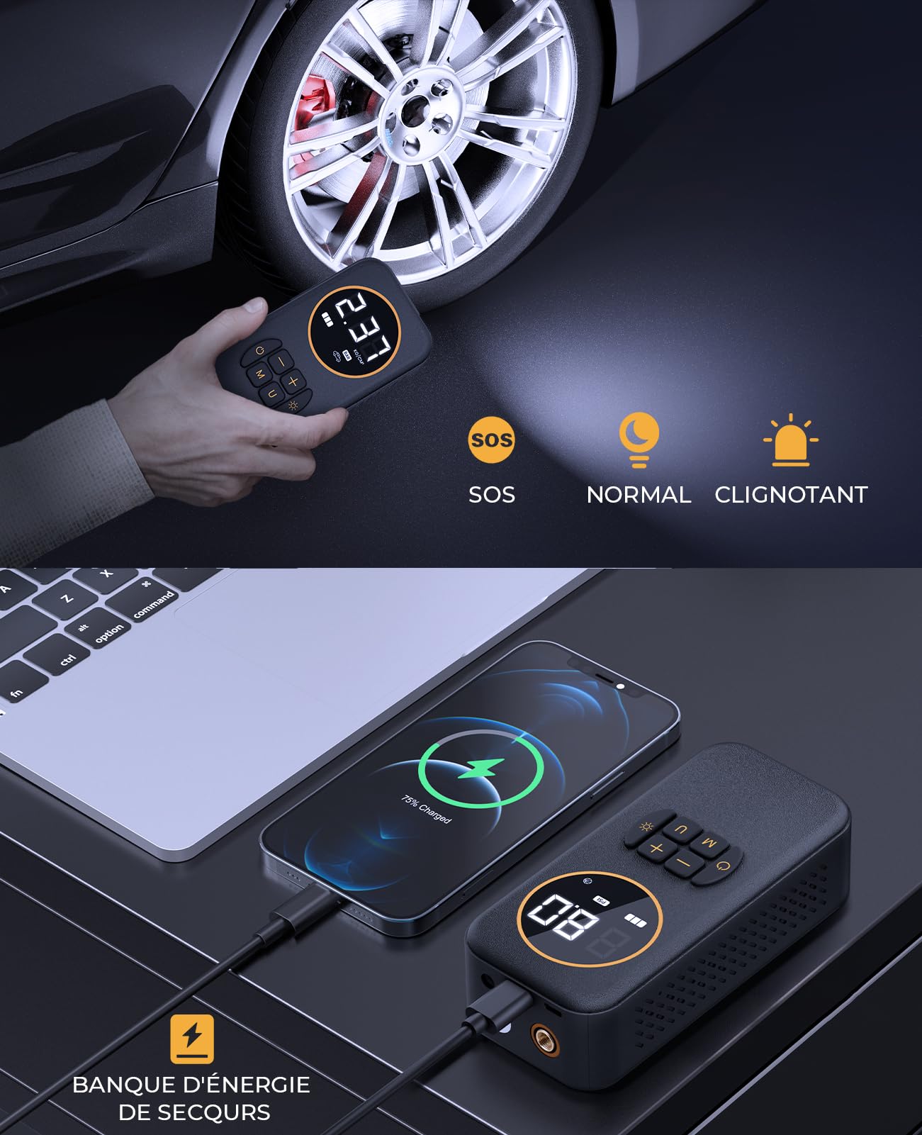 Gonfleur Pneus Voiture Sans Fil, 8000mAh Mini Compresseur à Air Portatif 150 PSI (10,3 Bar), Pompe Pneu Inflation Rapide pour Véhicule, Vélo, Ballon