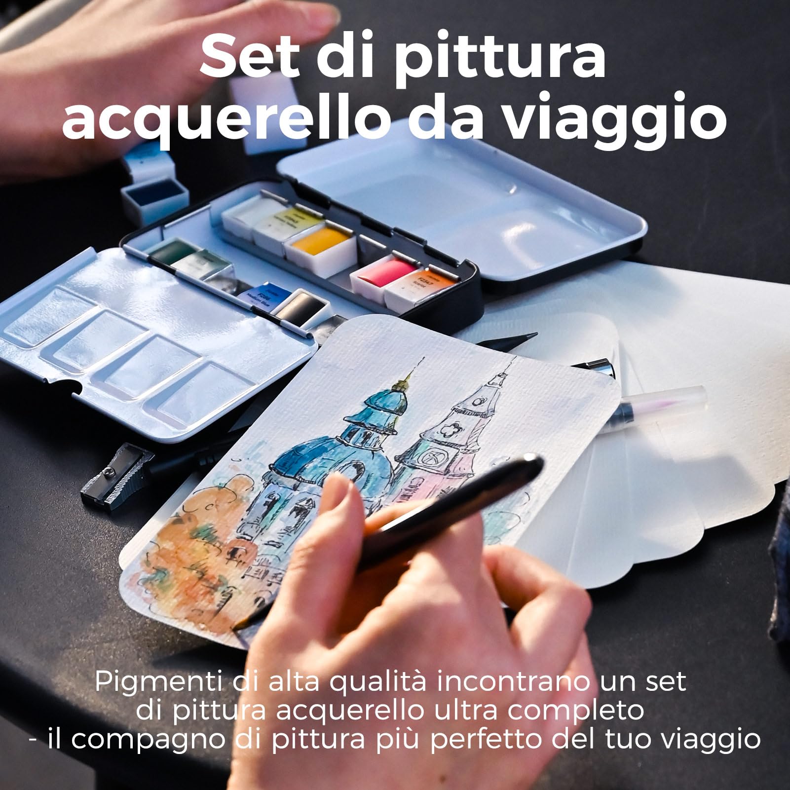 Funto Set da Viaggio Acquerello Premium - 12 Colori, 10 Cartoline, Pennello da Viaggio, Penna Pennello ad Acqua, Fineliner - Set di Pittura per Adulti
