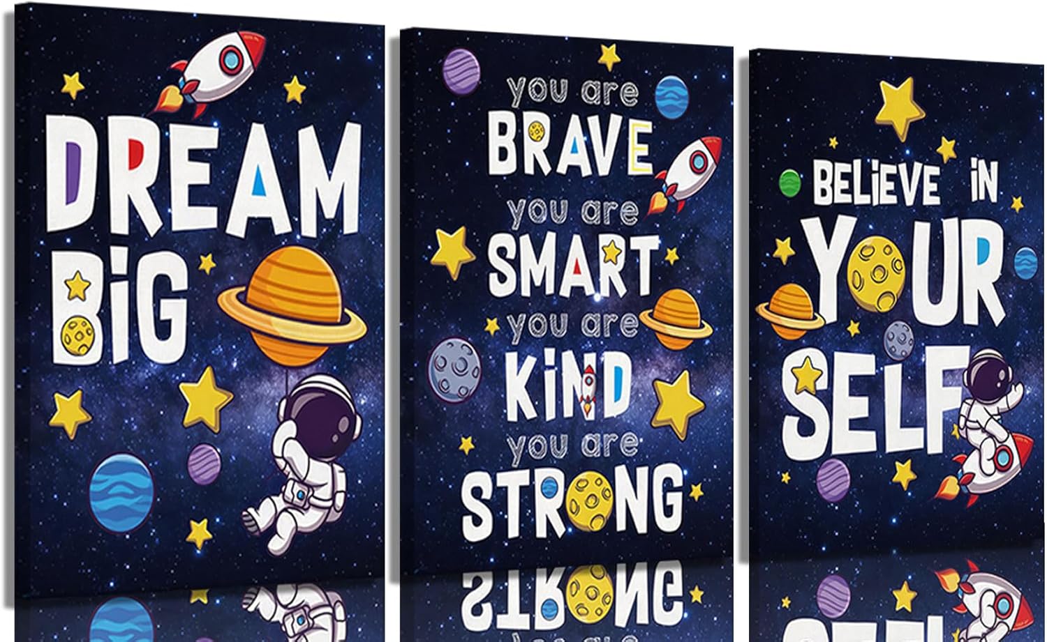 3Pcs Inspirational Space Astronaut Kids Poster Wall Art, Inspirational Quotes Painting Picture Wall Decor, Boys Positive Affirmative Poster Print Artwork for Playroom, Classroom, 16x24in Unframed