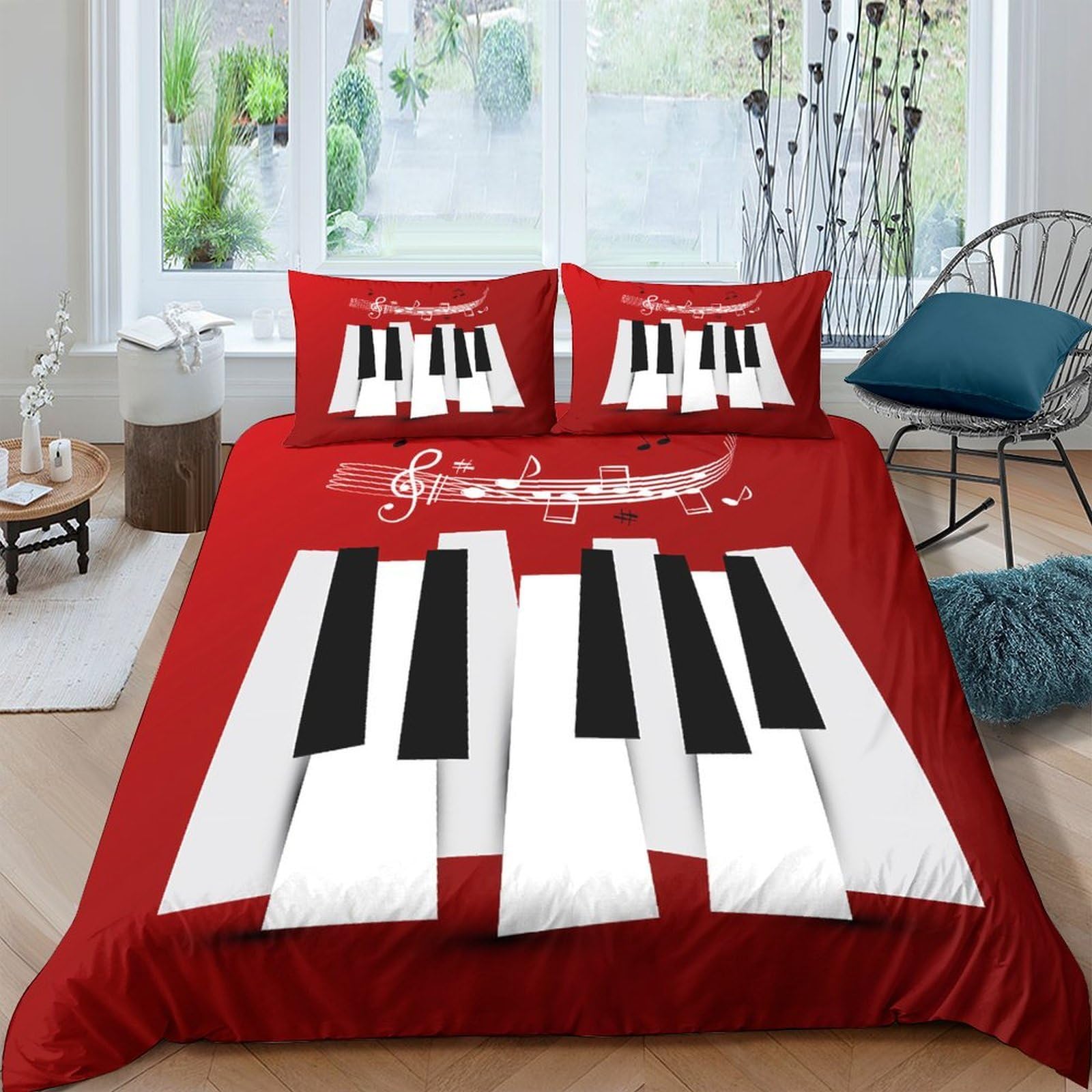 Ctjqhvkz Style-2 3D Printed Piano Keyboard Fitted Sheet Microfiber Red Bed Cover, Anti-Slip, Machine Washable, Bedroom Dorm Décor Single（135X200cm）
