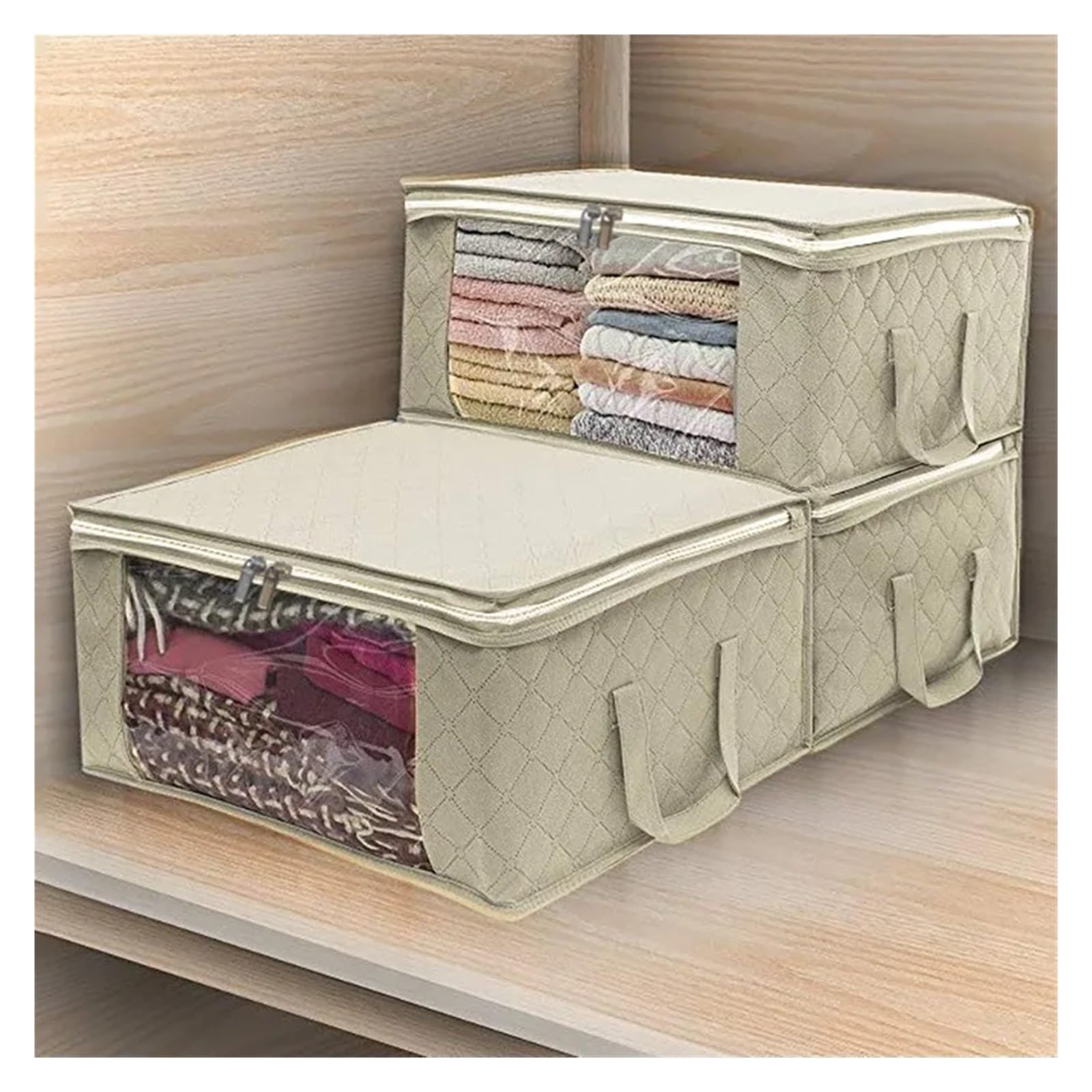 Edredones de algodón no tejido, cajas for clasificar y almacenar ropa, bolsas organizadoras plegables a prueba de polvo(3pcs-Off white)