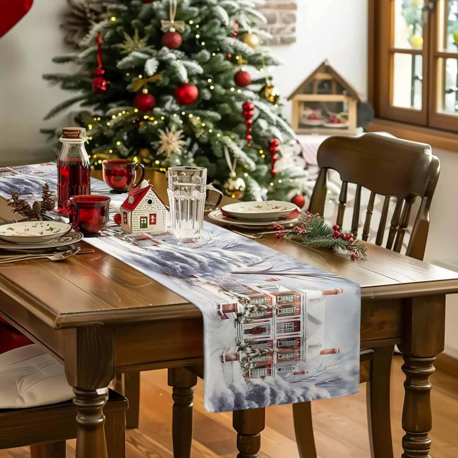 Christmas Table Runners 60 Inches Long Xmas Tree Winter House Snowflakes Snow Scene Table Runner for Family Dinner/Wedding/Outdoor Indoor Party, Cotton-Polyester Blend Dresser Scarf Table Decorations