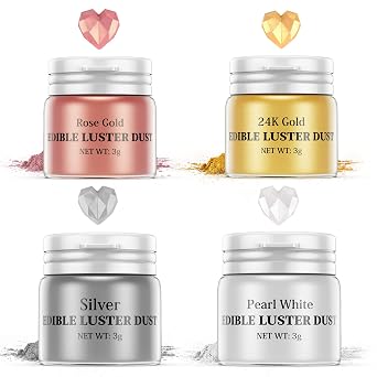 Luster Dust Edible Set - 4 Colors Food Grade Shimmer Nomeca Cake Dust Metallic Food Coloring Powder Glitter for Cake Decorating, Baking, Fondant, Gumpaste, Chocolate, Candy, Drinks, Cookie-3g/Bottle