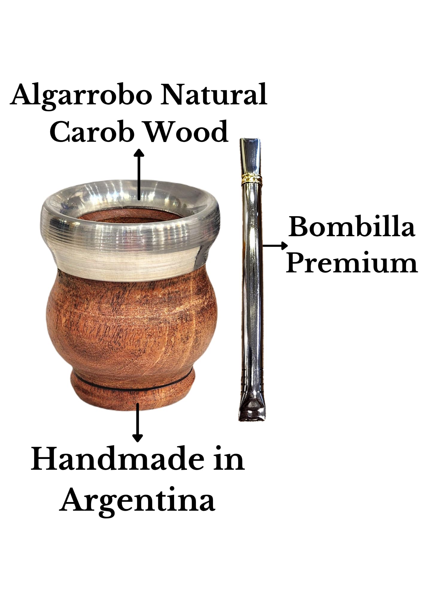 Tazza opaca in legno di carrubo naturale e acciaio inossidabile, opaca argentina con lampadina, Zucca di Yerba Mate, Gourd opaco cup