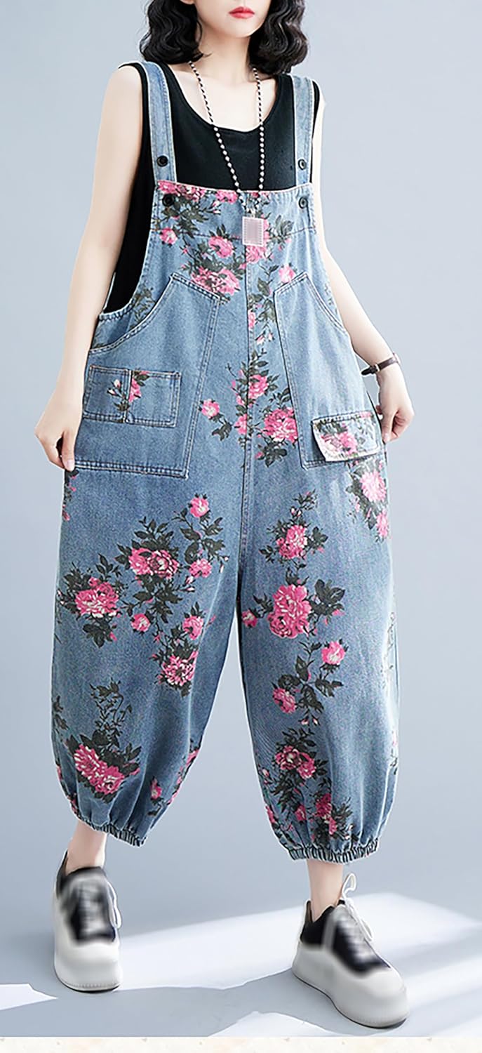 LAI MENG FIVE CATS Womens Denim Bib Pants Jumpsuits Adjustable Strap with Pockets Relaxed Overalls - Image 2