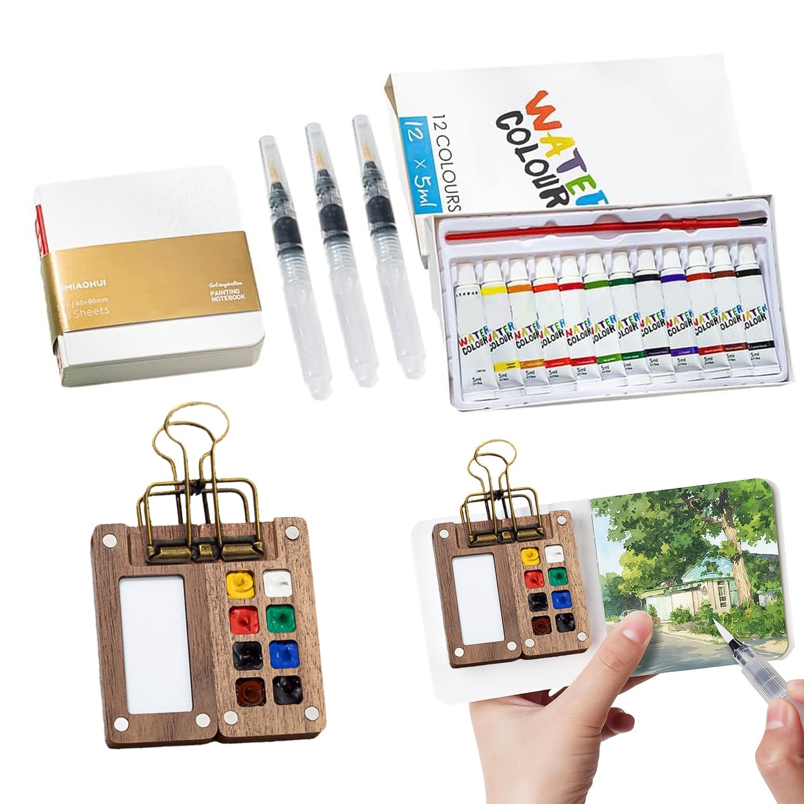 Esoes Travel Watercolor Palette Set, 12 Colors Mini Painting Kit, Pocket Watercolor Set with 8 Grids Wooden Watercolor Paint Box, Watercolor Sketch Book, 3 Brush Pens and a Clip for Artists Students