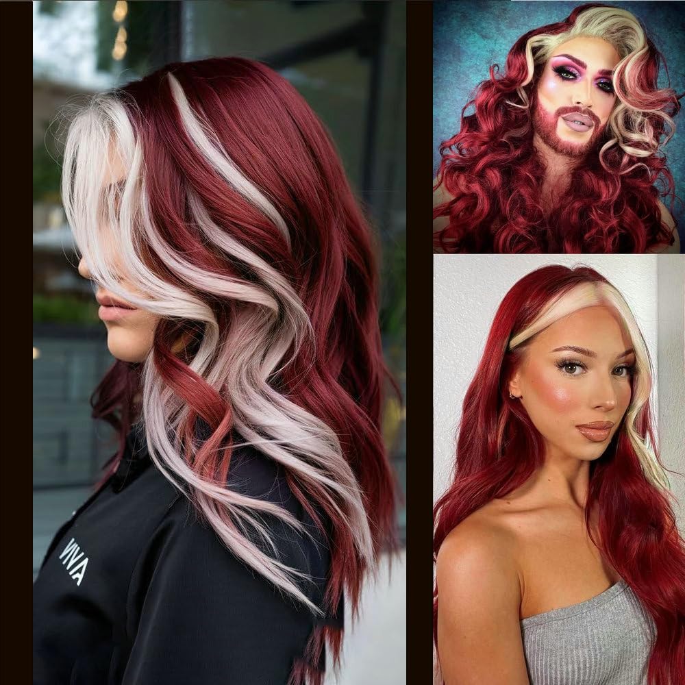 Real Red Color Highlight Blonde Color Long Wave Hair Burgundy Red Synthetic Lace Front Wigs for Women Female Cosplay Drag Queen Wig Side Part Glueless Highlight Blonde Wigs 26"