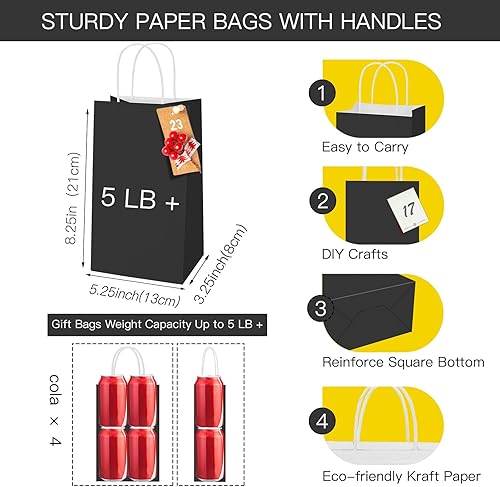 Miniatura 2 de MOORAY Paquete de 100 bolsas de papel pequeñas negras con asas a granel, bolsas de papel de regalo, 5.25 x 3.25 x 8.25 pulgadas, papel de estraza de