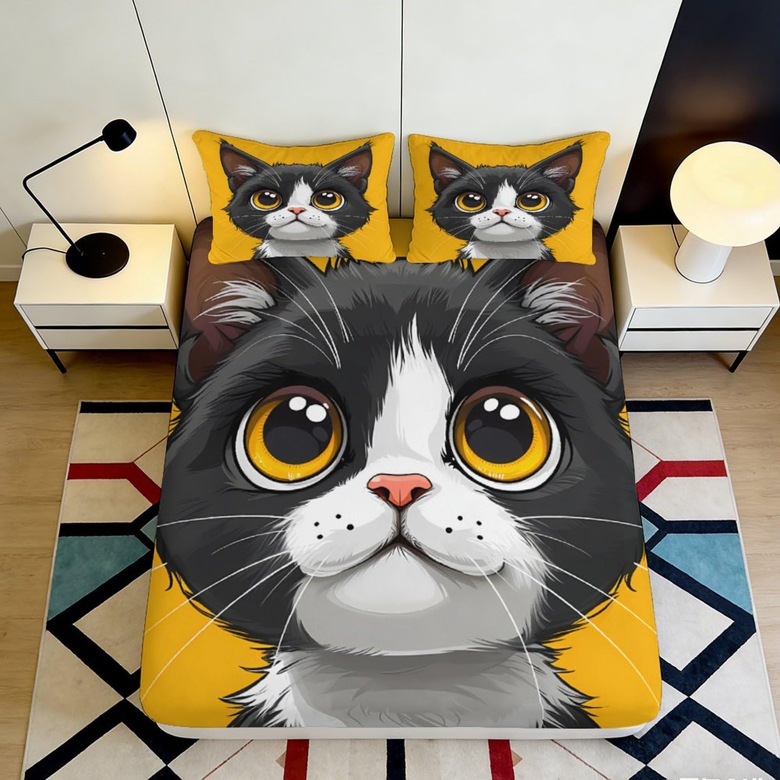 Jqzkxnhpbr Style-10 3D Printed Cat Face Fitted Sheet Microfiber Yellow Cartoon Animal Bed Cover For Bedroom Guest Room Decor Easy Care 90X200x25cm