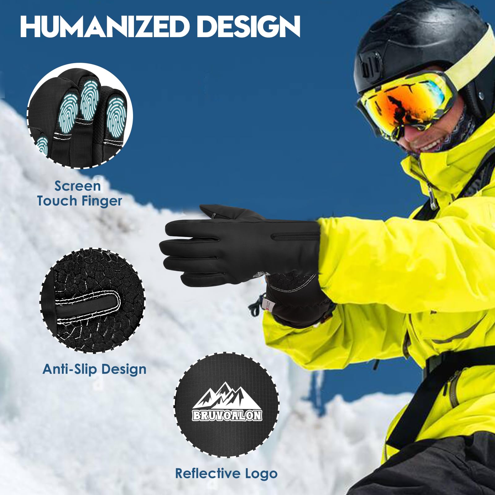 Bruvoalon Y322 - Guantes de invierno para hombres y mujeres, pantalla táctil de -34.4 °C, 5 capas de aislamiento térmico, resistentes al viento, antideslizantes, guantes de esquí