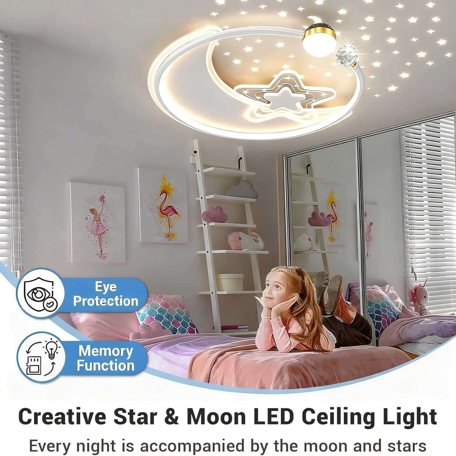 KZT LED Deckenleuchte Kinderzimmer Deckenlampe Dimmbar mit Fernbedienung Nachtlicht Moderne Stern Mond Design Kinderzimmerlampe für Jungen und Mädchen Schlafzimmer Babyzimmer Wohnzimmer