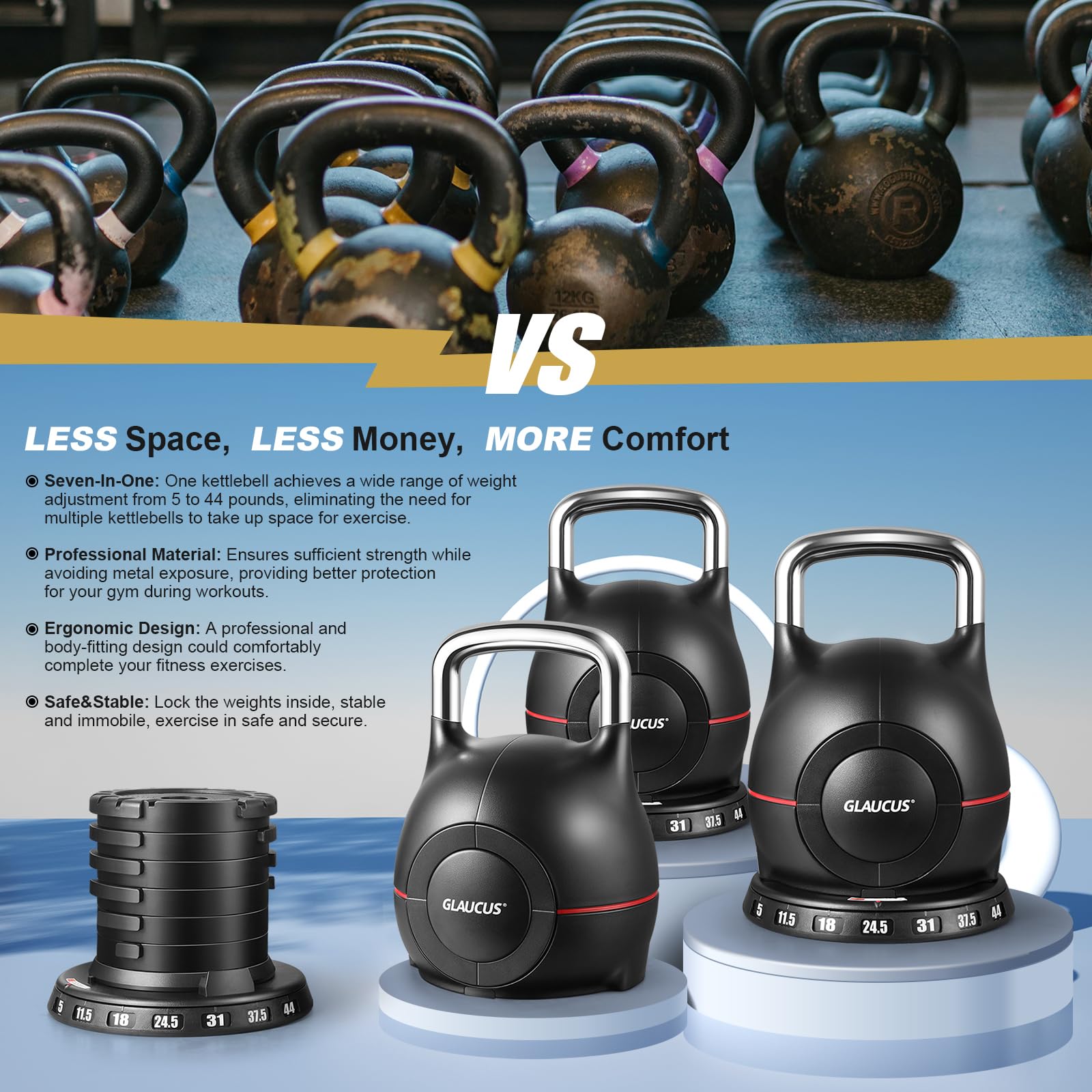 Kettlebell con pesi regolabili: regola rapidamente e facilmente 7 pesi (2,3 kg-20 kg), kettlebell ergonomico per esercizi di fitness a casa e allenamento della forza