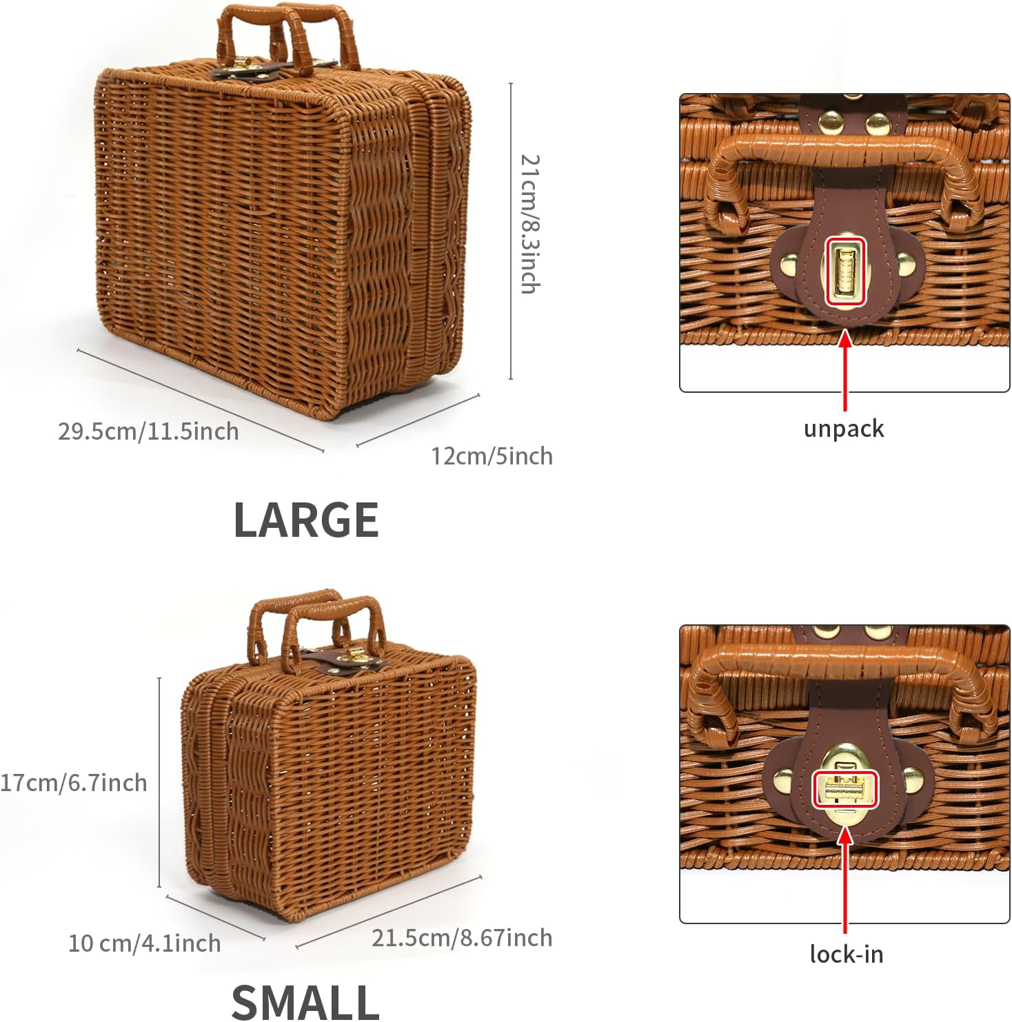 Mini Wicker Picnic Basket, Decorative Prop Suitcase Vintage Storage Hamper Makeup Organizer, Metal Lock Rattan Storage Box with Handles for Sundries Travel Camping and Outdoor Party (Brown, L+S)
