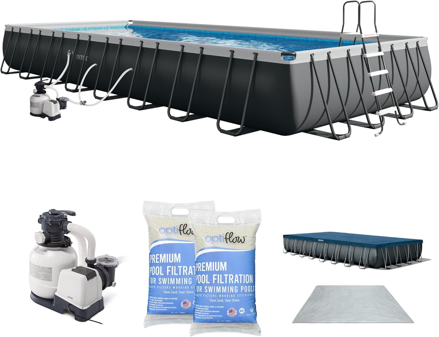 Intex 26373EH Ultra XTR 32ft x 16ft x 52in Above Ground Swimming Pool Set with Sand Filter Pump and OptiFlow 50 lb Premium Filter Sand (2-Pack)
