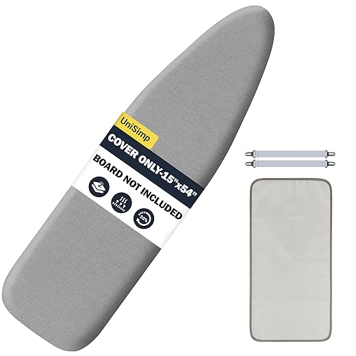 UniSimp Ironing Board Cover and Pad 15"x54" Extra Thick Natural Cotton, Scorch and Stain Resistant Padding, Standard Size Iron Board Cover with Fasteners Heavy Duty Elastic Edge, Heatproof Gray