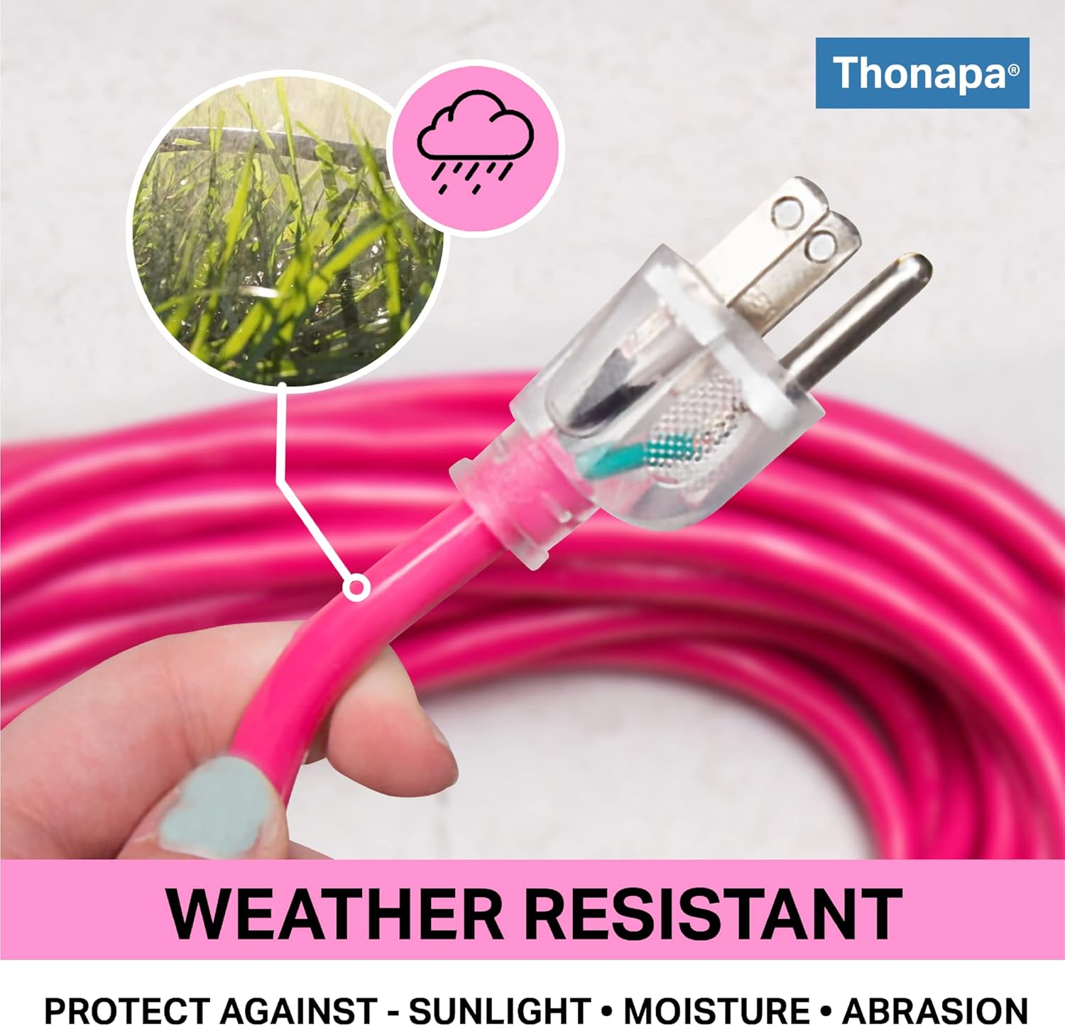 THONAPA 10 Ft Outdoor Extension Cord with 3 Prong, 16/3 SJTW Neon Pink Extension Cord 10ft, 13 AMP for Indoor or Outdoor Use, Small Appliances, Gardens, Lawn, Lights Decor - UL Listed