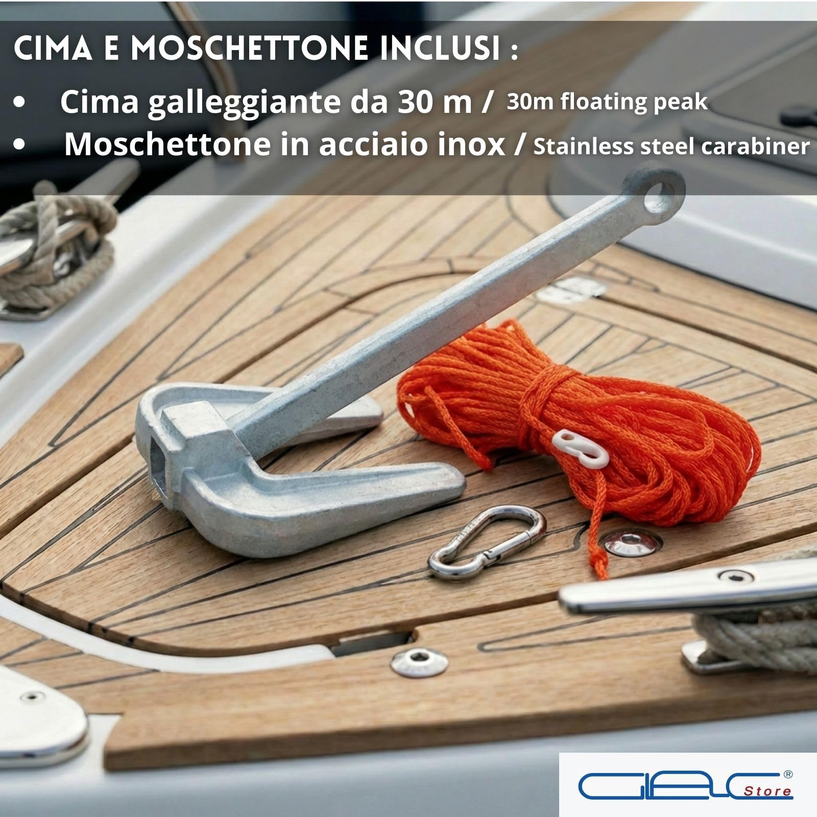 Ancora Hall in Ghisa Zincata a Caldo con Cima Galleggiante 30m e Moschettone Inox Inclusi – Ceppo Mobile per Barca e Gommone – Sabbia e Fango – 2Kg 3Kg 4Kg 6Kg 8Kg10Kg