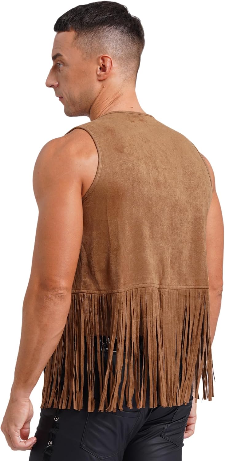 Halloween Cosplay Cowboy Outfit for Men Faux Suede Open Front Tassel Vest Tiered Fringe Pants