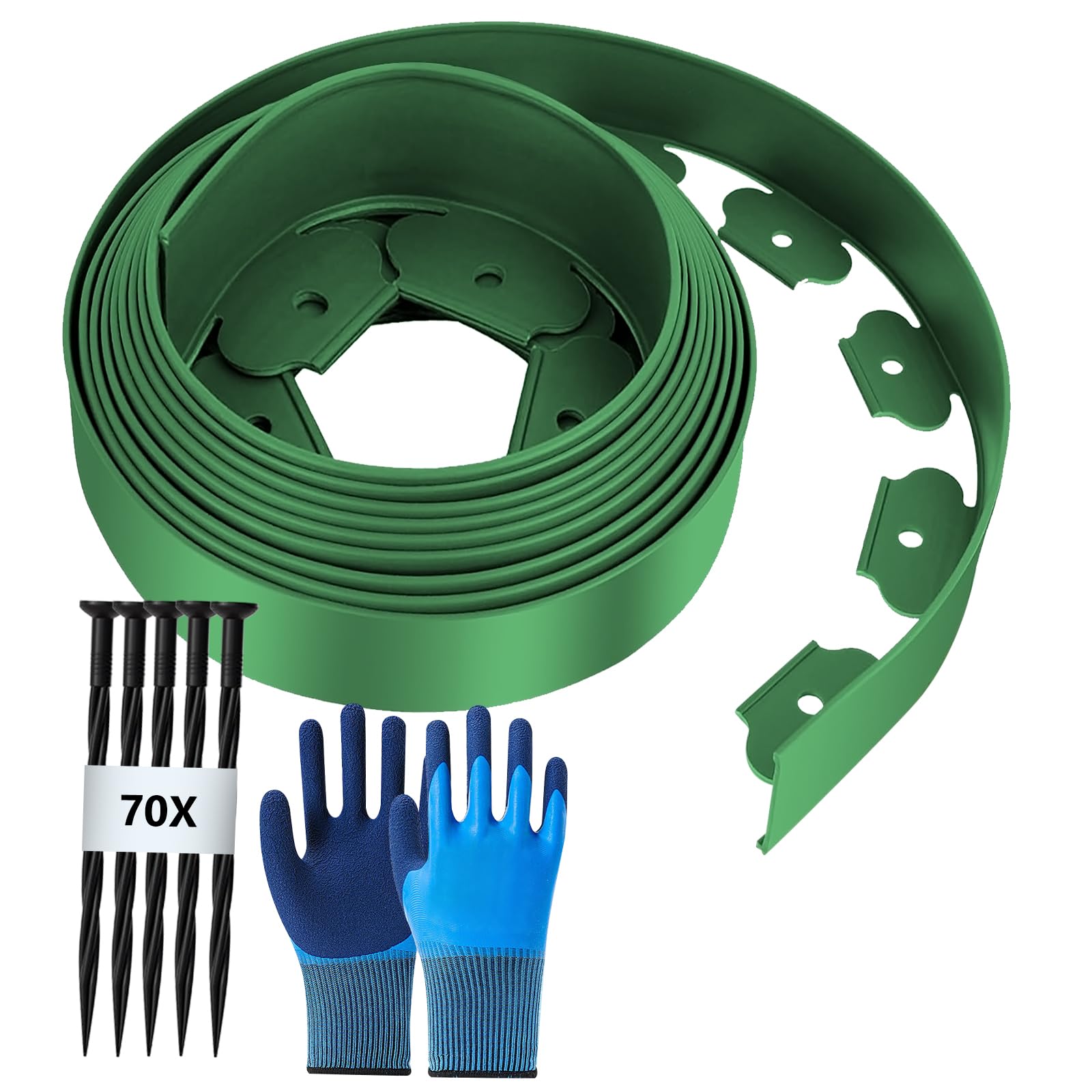 Borde Jardin Flexible de plástico, Bordura Jardin Exterior, Longitud 15 m, Altura 5 cm, con 70 Anclajes + 1 par de Guantes, Verde