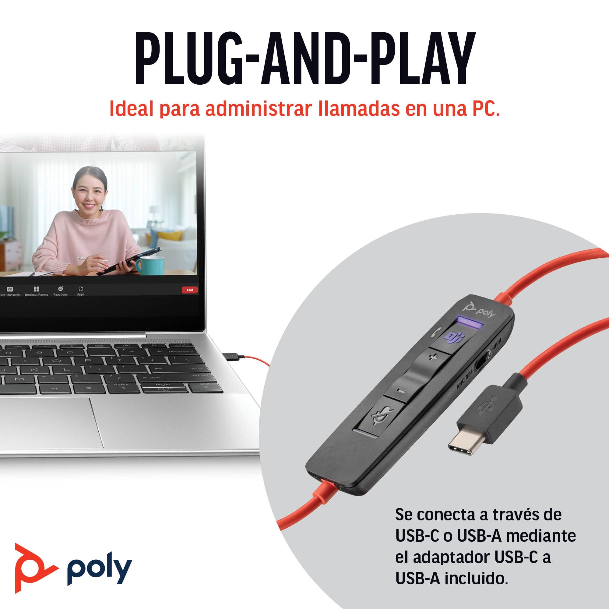 Auricular Poly Blackwire 8225 de primer nivel con cable - Cancelación activa de ruido - Estéreo de alta fidelidad - Se conecta a PC/Mac - Certificado para Microsoft Teams