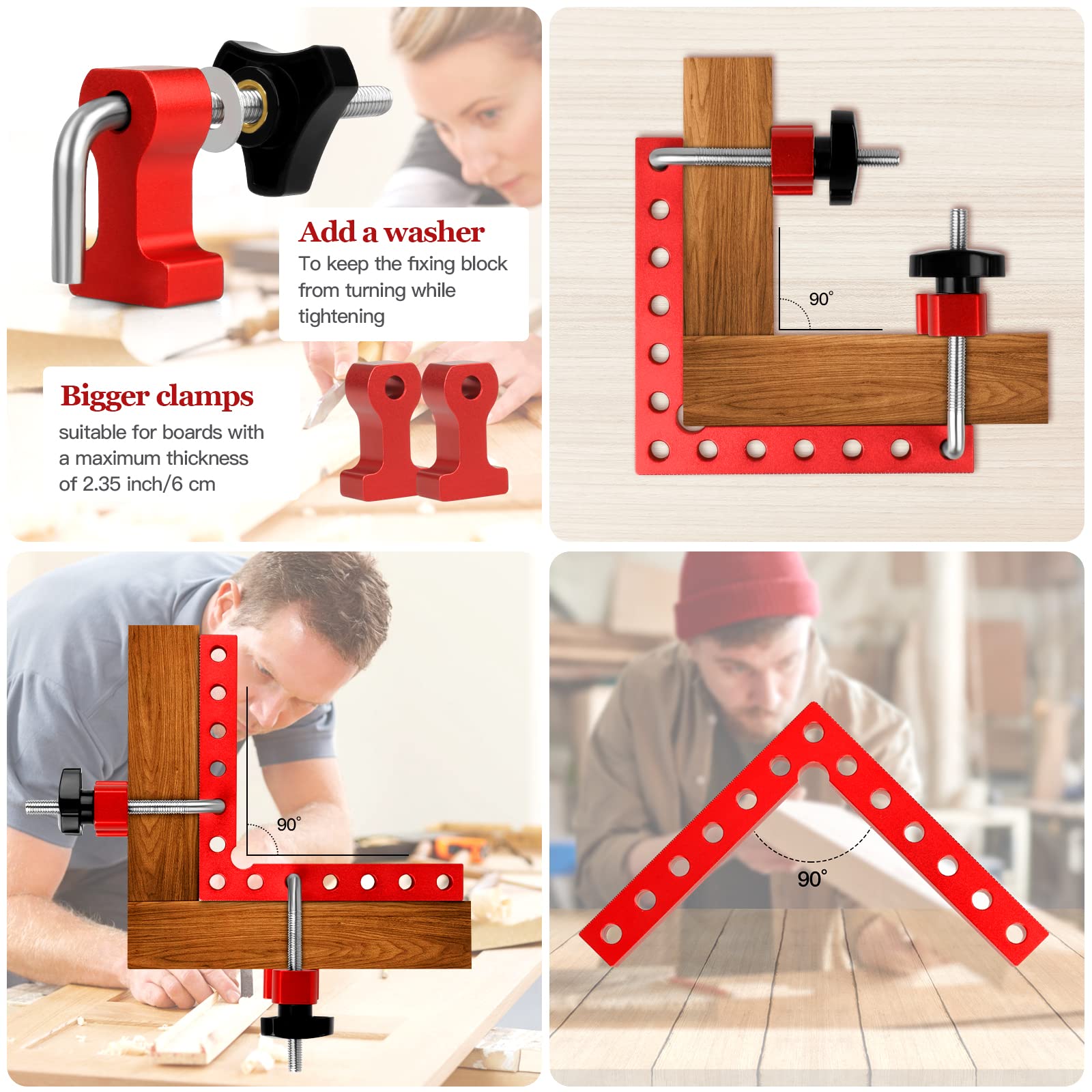 Pince à Angle Droit 90 Degrés, Serre Joint Angle Droit Aluminium 14 X 14 cm Equerre de Positionnemen Serre Cadre Fixation à Angle Outils de Travail du Bois, (Rouge 4 Pack)