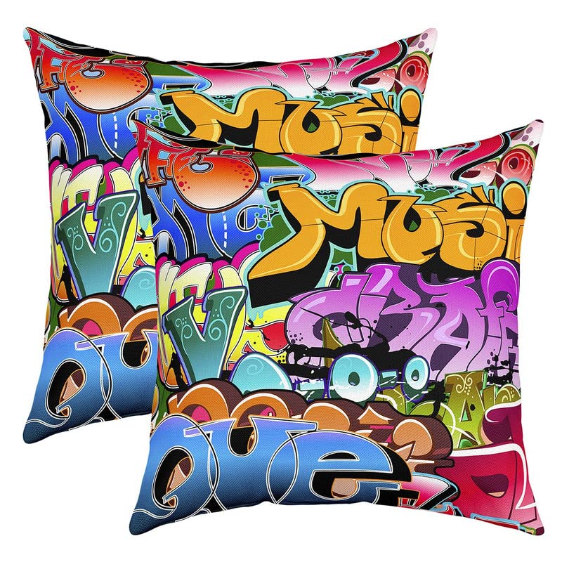 Hippie Graffiti Style Throw Pillow Covers 18"x18" Set of 2 Hip Hop Decor Cushion Covers for for Couch Sofa Graffiti Graphic Street Culture Grunge Art