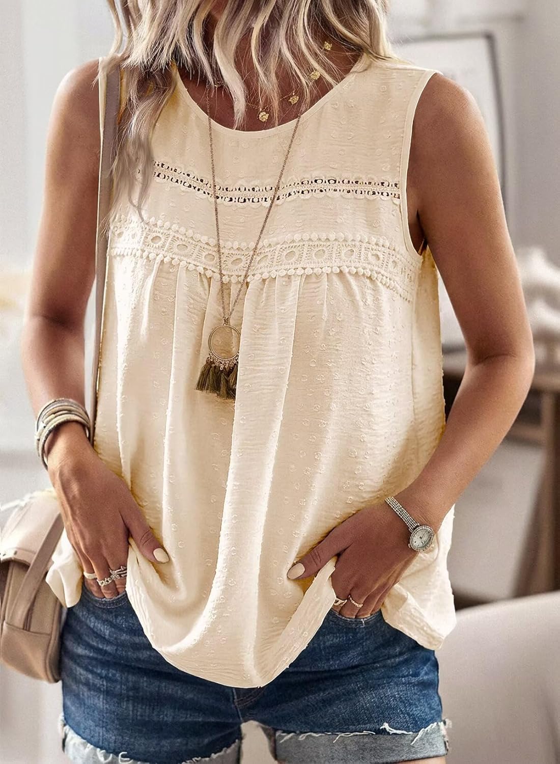 Womens Summer Tops Boho Shirts Crewneck Sleeveless Tank Tops Flowy Lace Hem Casual Blouses Clothing Trendy 2026 - Image 5