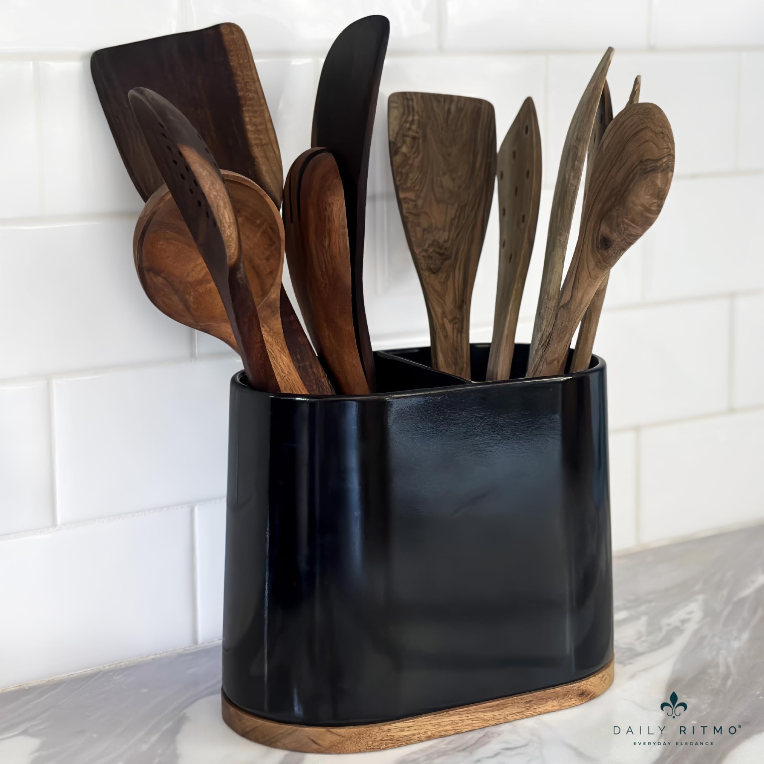 DAILY RITMO® Black Large Oval Utensil Holder with Bamboo Base and Divider