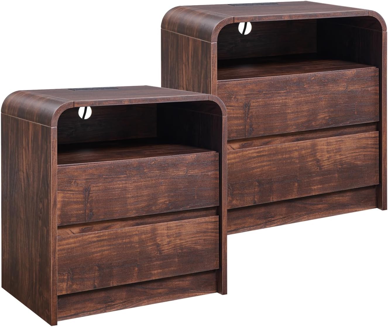 25" Tall Modern Nightstand Set of 2, 23.6'' Wide Wood Bedside Table w/2 Storage Drawers, Charging Station,Mid Century End Table for Bedroom, Living Room, Curved Profile Design, Brown