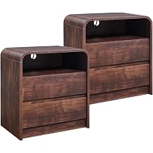 Aitjunz 25" Tall Modern Nightstand Set of 2, 23.6'' Wide Wood Bedside Table w/2 Storage Drawers, Charging Station,Mid Century End Table for Bedroom, Living Room, Curved Profile Design, Brown