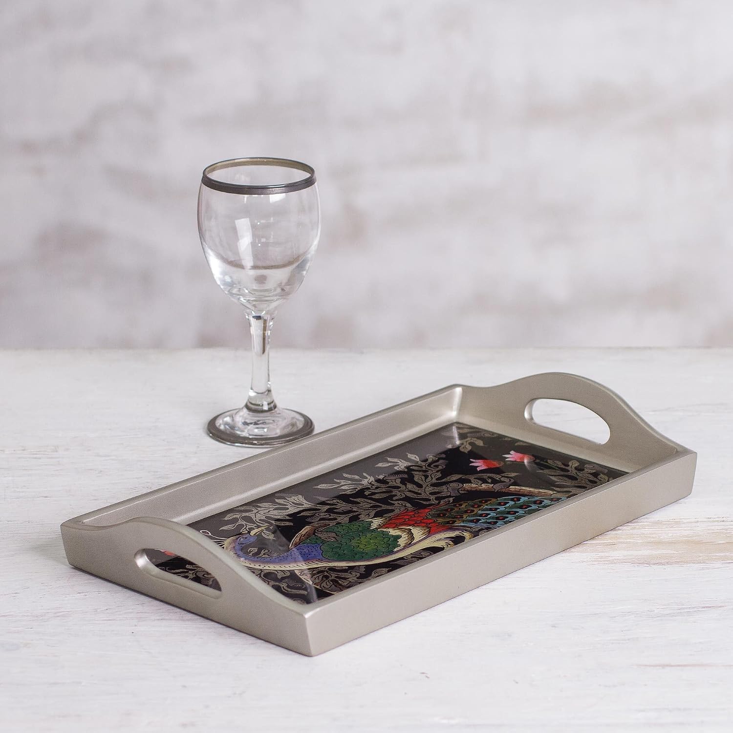 NOVICA Artisan Handmade Reversepainted Glass Tray Peacock Silver 12 in. Multicolor Tone Wood Peru Tableware Serveware Trays Birdpeacock [1.2in H x 12.25in W x 6.75in D] ' Peacock Charm in Silver'