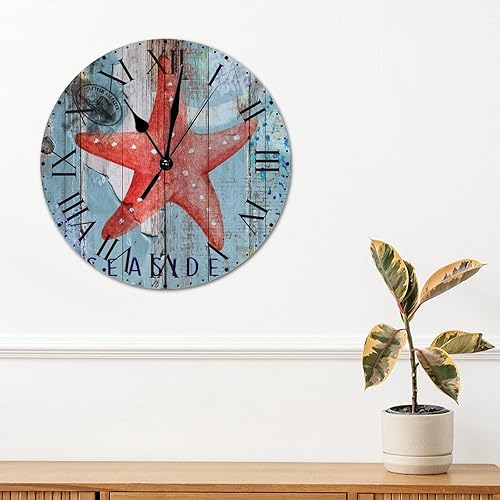 Miniatura 3 de ArogGeld Reloj de pared rústico de PVC con diseño de estrella de mar con temática de playa reloj de pared colgante con números romanos de 10