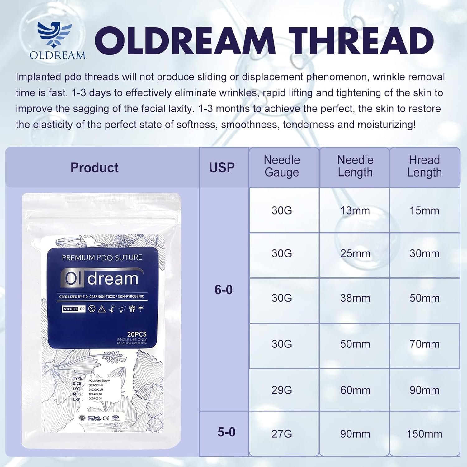 Oldream Lot de 40 fils Pdo 30G13 mm pour lifting