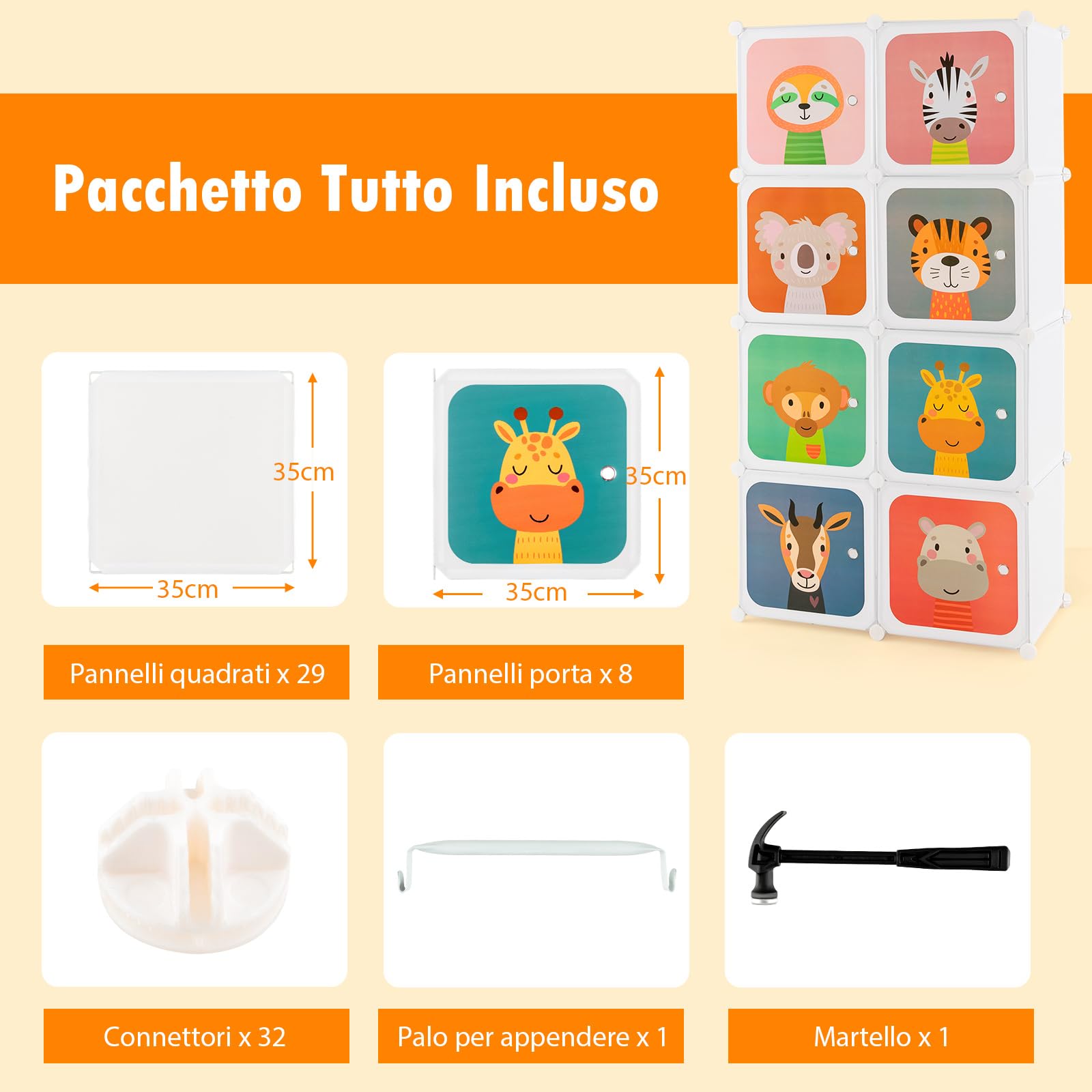 COSTWAY Guardaroba Portatile per Bambini, Armadio Guardaroba Modulare per Bambini con 8 Cubi, per Soggiorno, Camera da Letto, 75 x 35 x 145 cm (Bianco)