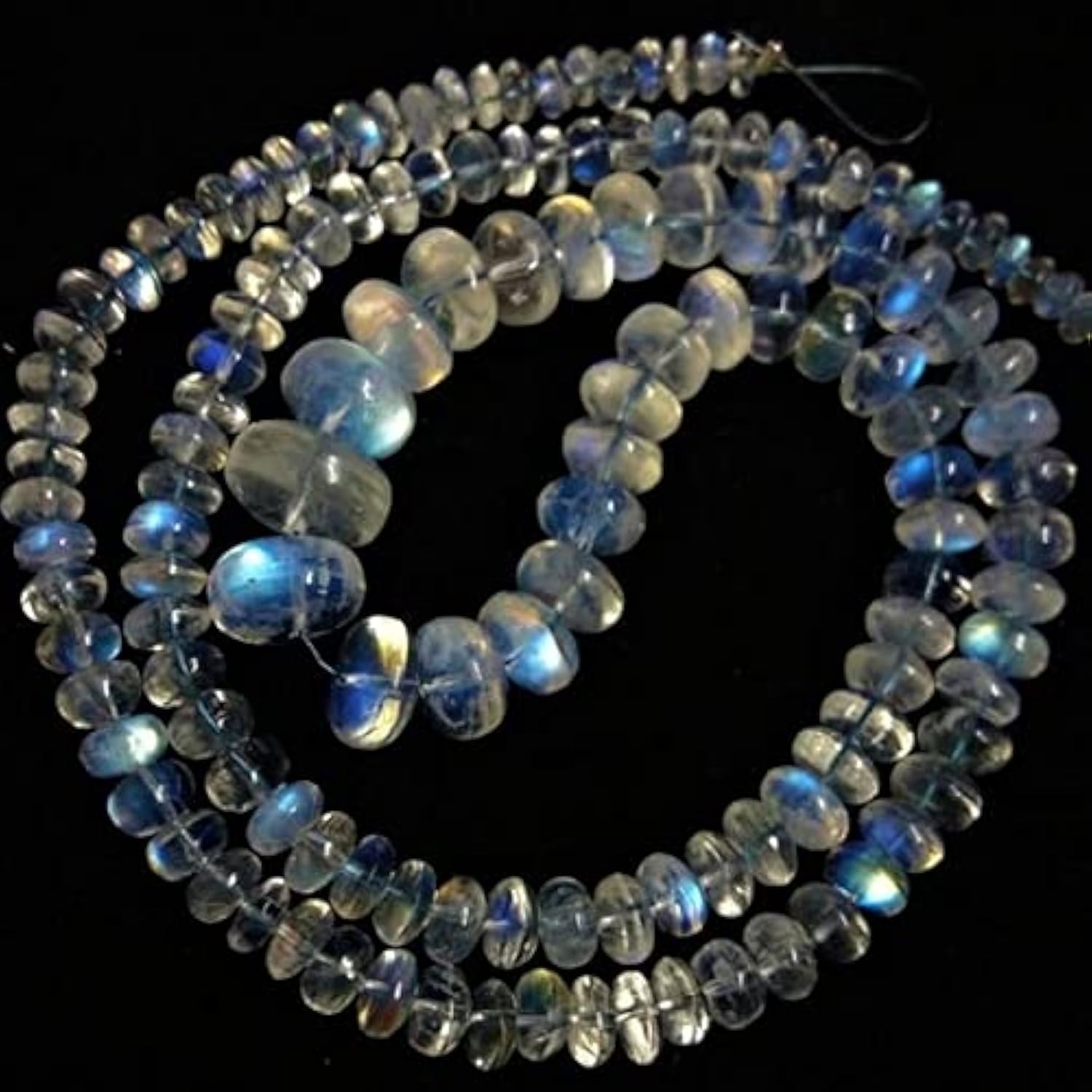 Perles pierre de lune arc-en-ciel a reflets bleus flashis en rondelles lisses de 3 a 9 mm