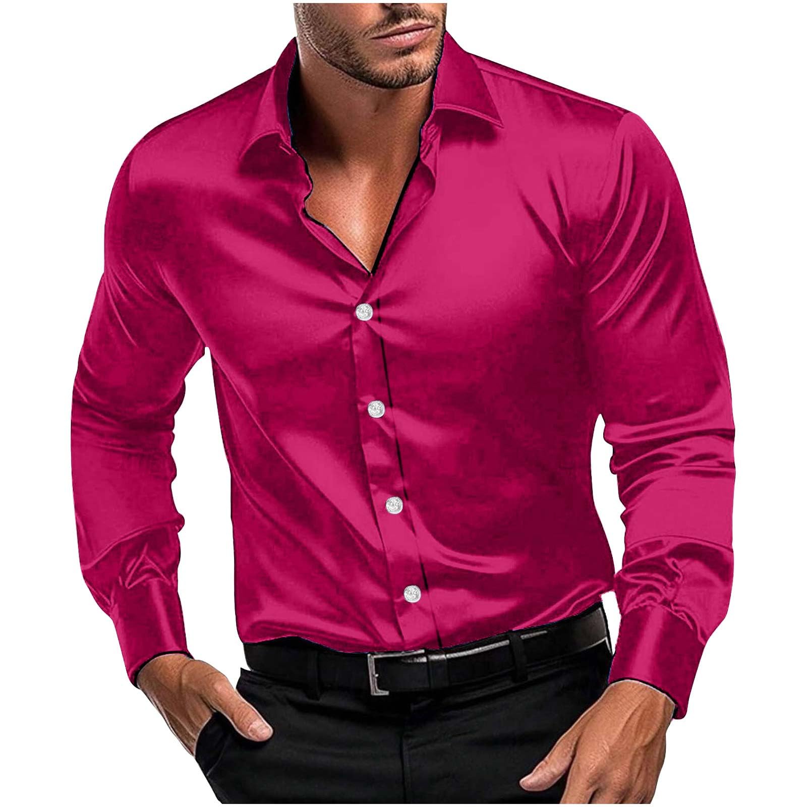 Men Long Sleeve Satin Dress Shirt Shiny Embroidery Silk Like Button Down Casual Luxury Prom Wedding Party Disco Solid